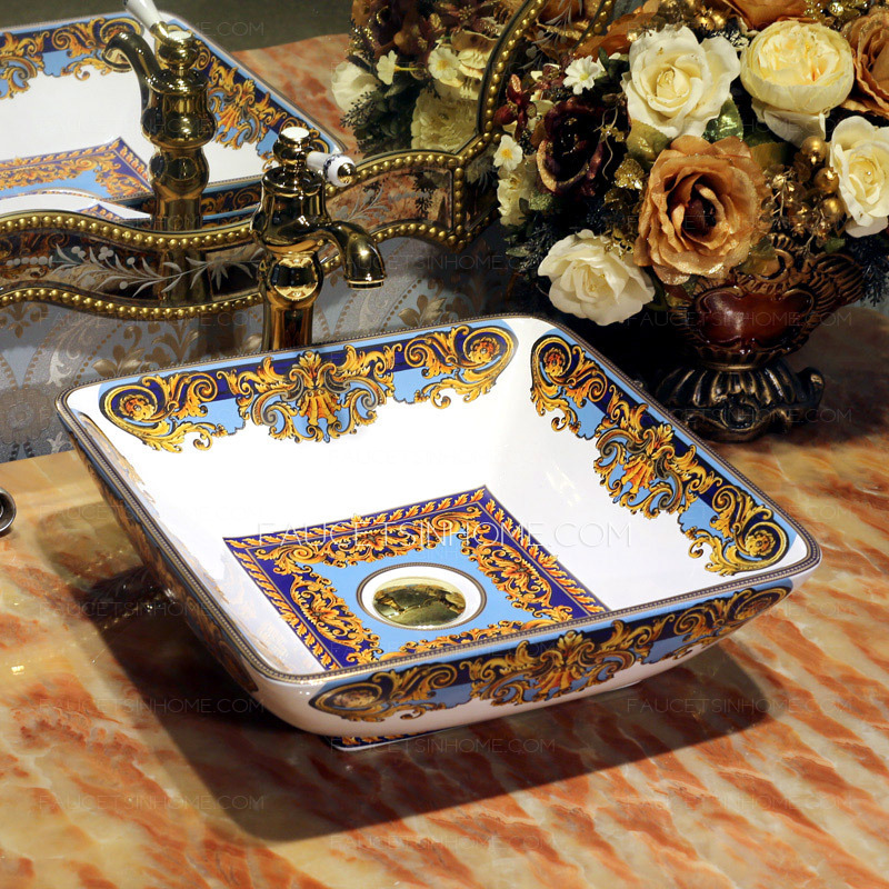 Square Vessel Sinks Artistic Vintage Pattern Painting Blue and Gold