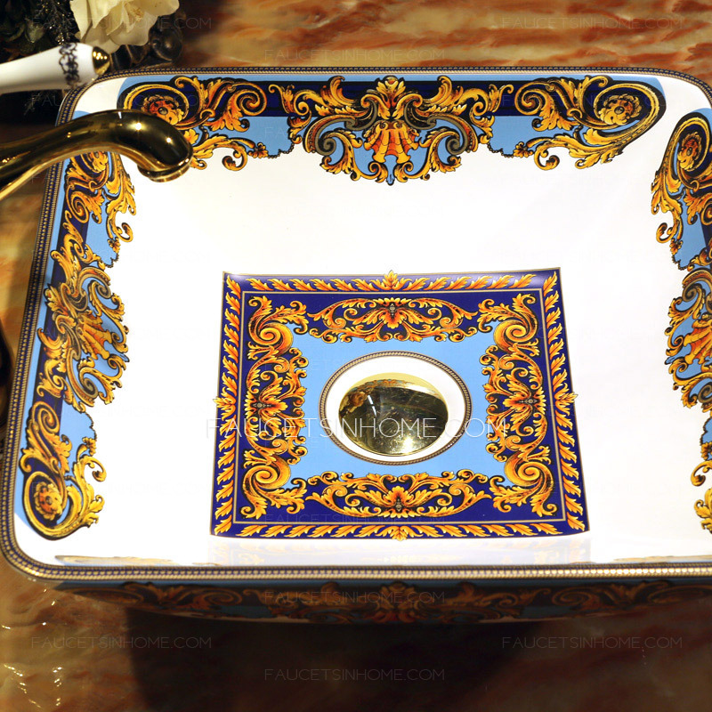 Square Vessel Sinks Artistic Vintage Pattern Painting Blue and Gold