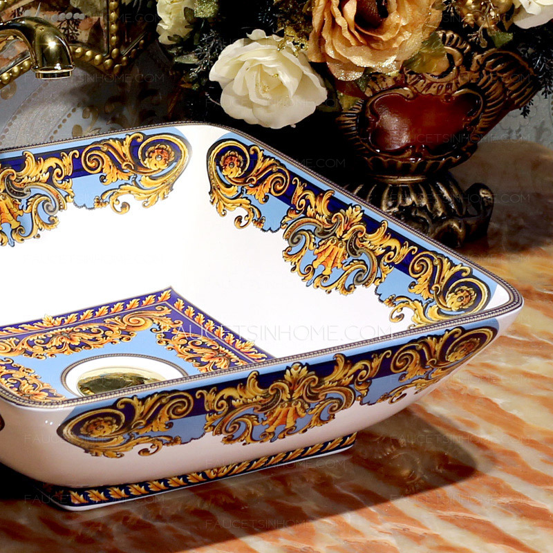 Square Vessel Sinks Artistic Vintage Pattern Painting Blue and Gold