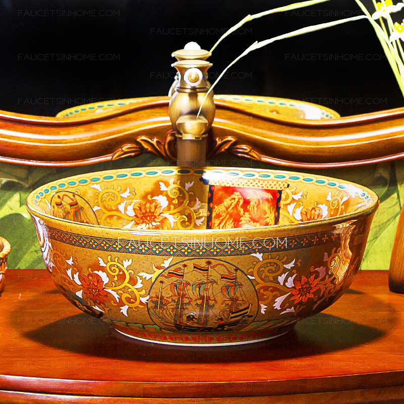 Vintage Vessel Sink Artistic Golden Yellow Pattern Painting