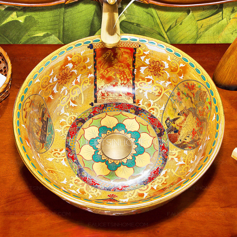 Vintage Vessel Sink Artistic Golden Yellow Pattern Painting