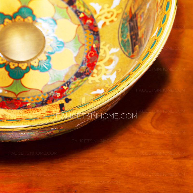 Vintage Vessel Sink Artistic Golden Yellow Pattern Painting