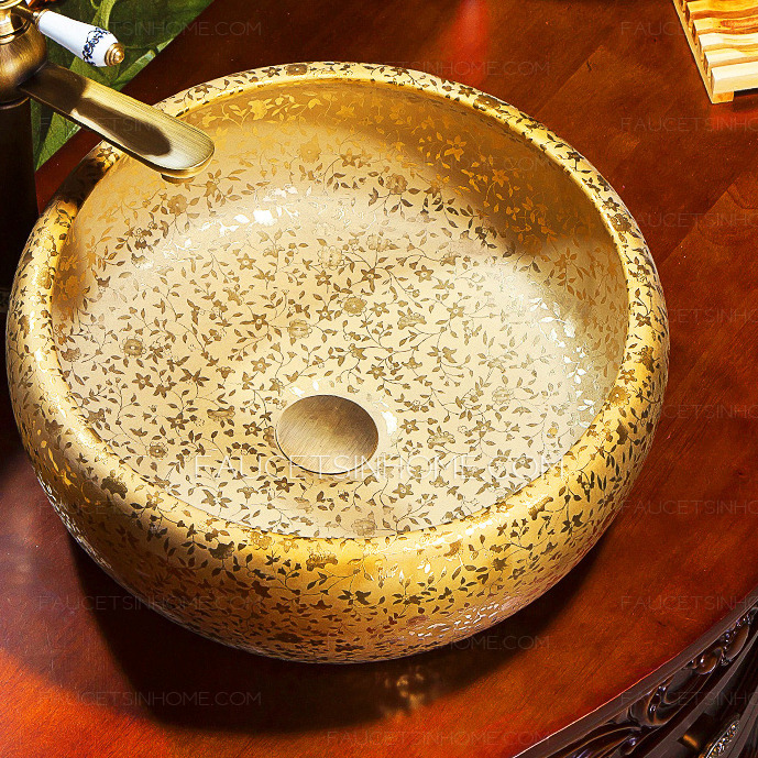 Round Vessel Sink Artistic Gold Floral Hot Stamping