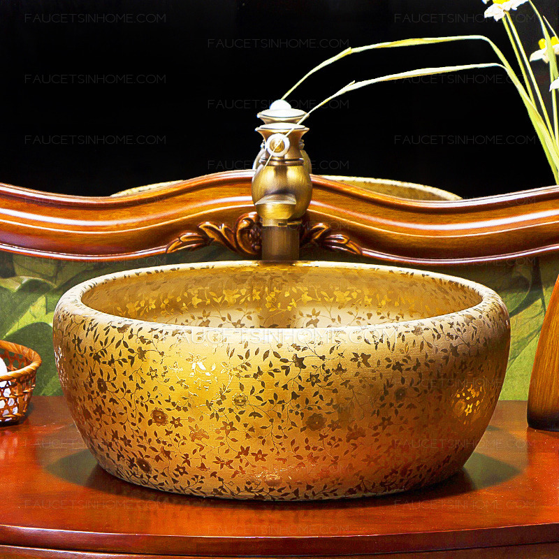 Round Vessel Sink Artistic Gold Floral Hot Stamping