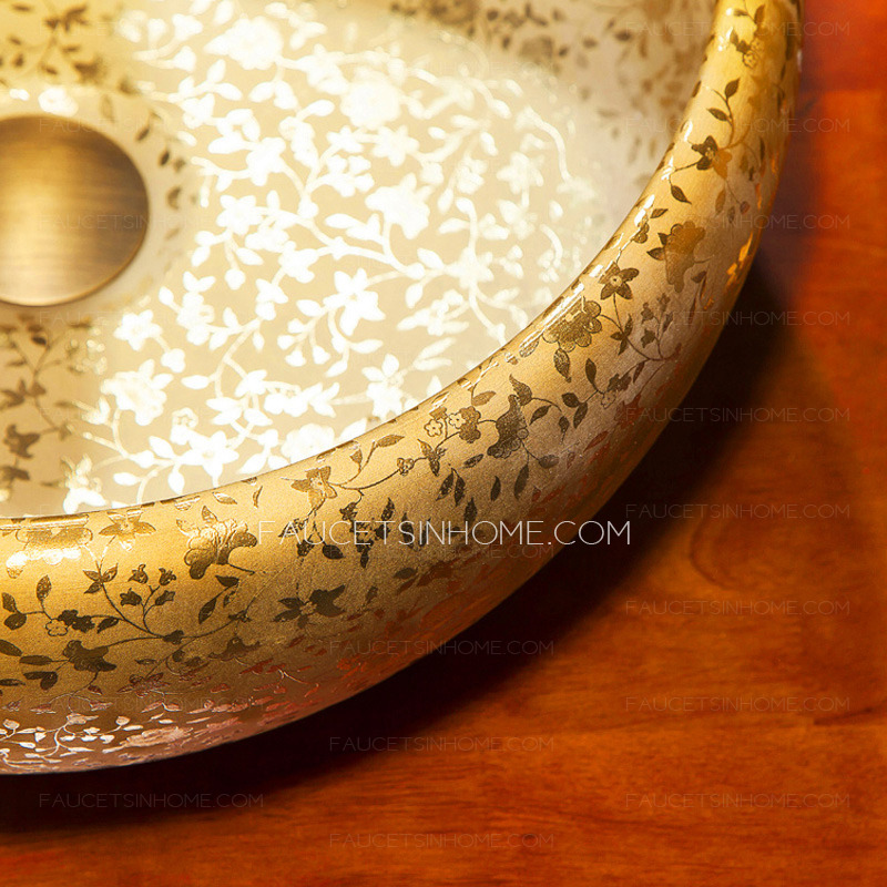 Round Vessel Sink Artistic Gold Floral Hot Stamping