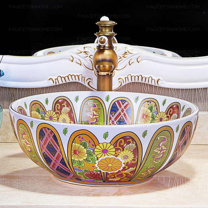 White Vessel Sink Porcelain Antique Pattern Painting