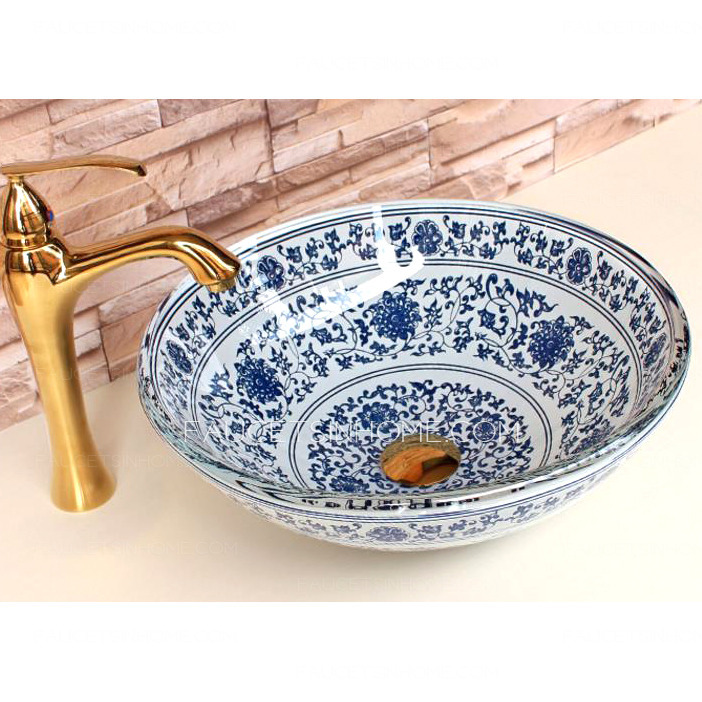 Glass Vessel Sinks Blue and White Vintage Chinese Style