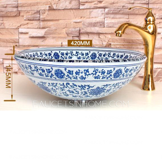 Glass Vessel Sinks Blue and White Vintage Chinese Style