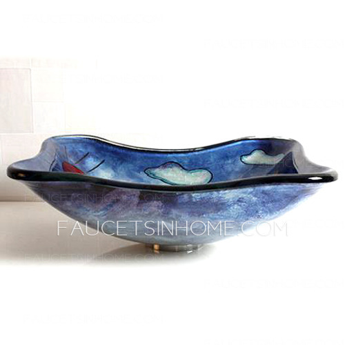 Rectangular Glass Vessel Sink Cartoon Designed Blue (Faucet Included)