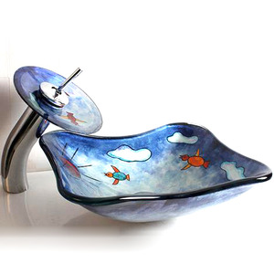 Rectangular Glass Vessel Sink Cartoon Designed Blue (Faucet Included)