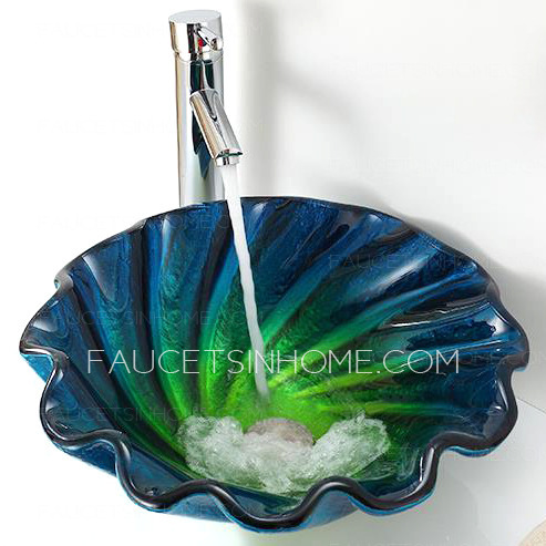 Blue Glass Vessel Sinks For Bathrooms Shell Shape (Faucet Included)