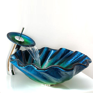Blue Glass Vessel Sinks For Bathrooms Shell Shape (Faucet Included)