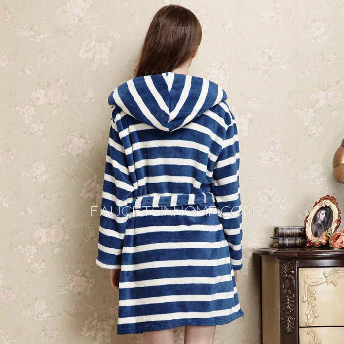 Sweet Blue Striped Flannel Women Bathrobe