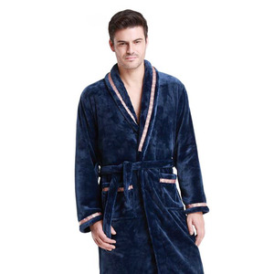 Warm Flannel Long Sleeve Dark Navy Bathrobe