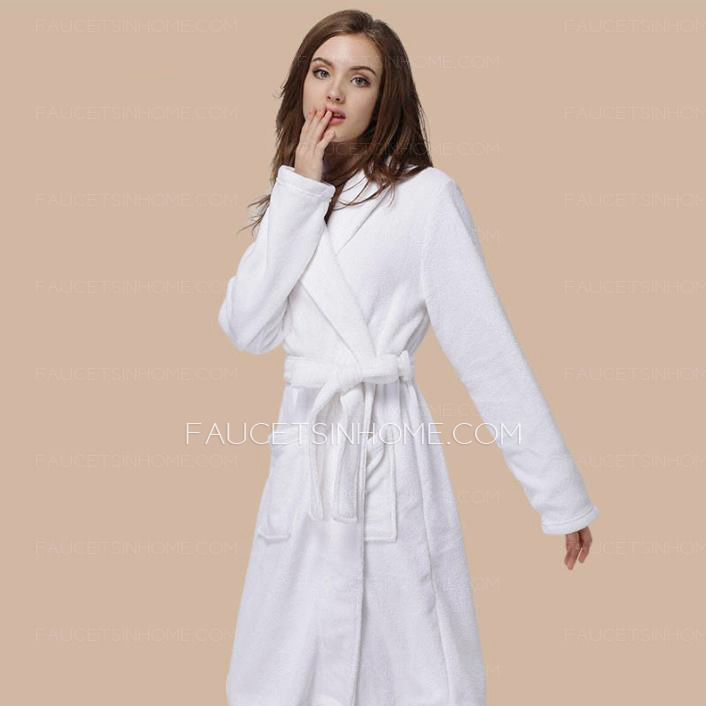 Simple White Knee Length Coral Velvet Bathrobe