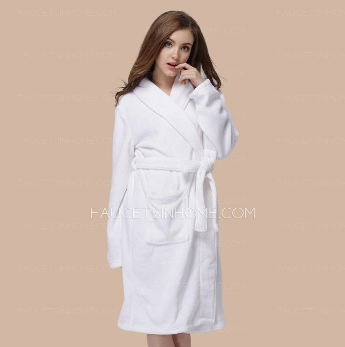 Simple White Knee Length Coral Velvet Bathrobe