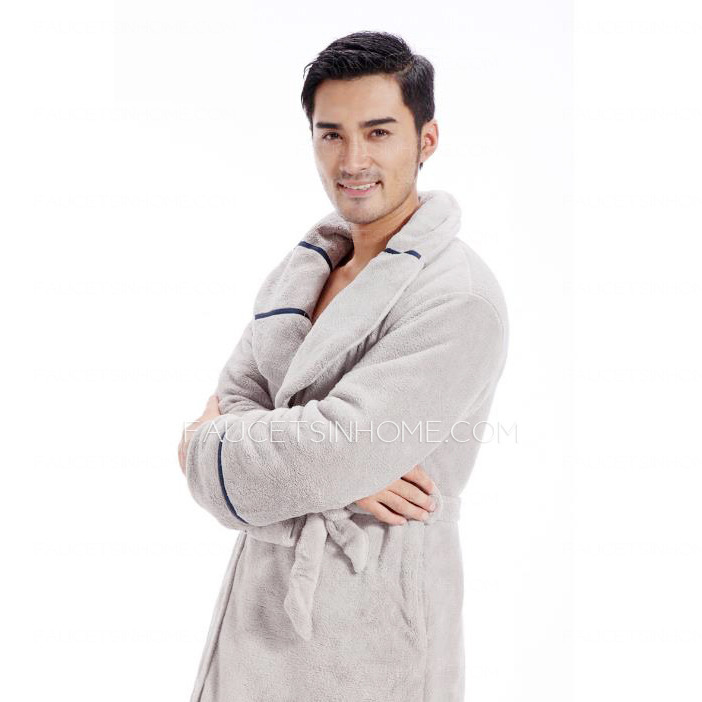 Gray Coral Velvet Long Men V Neck Bathrobe