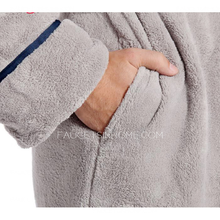 Gray Coral Velvet Long Men V Neck Bathrobe