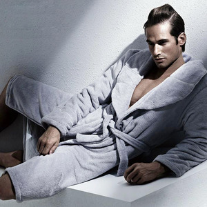 Gray Coral Velvet Long Men V Neck Bathrobe