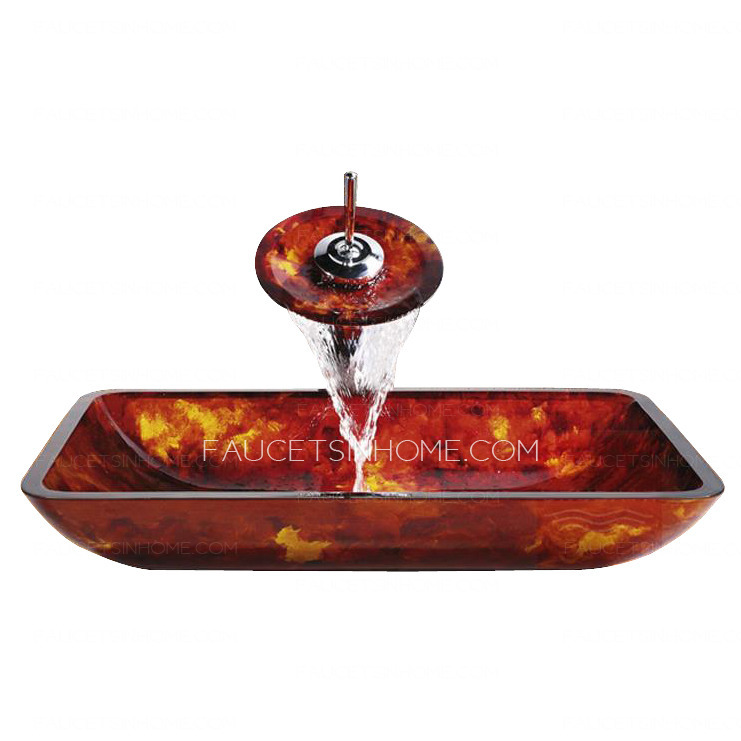 Red Glass Bathroom Sinks With Faucet Rectangular Single Bowl