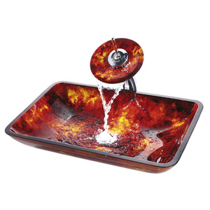 Red Glass Bathroom Sinks With Faucet Rectangular Single Bowl