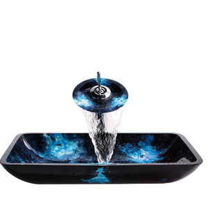 Black Glass Bath Sink Rectangular Single Sink With Faucet