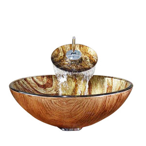 Brown Glass Basin Sink Single Round Bowl With Faucet Pattern