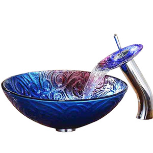 Artistic Blue Bath Sink Pattern Carved Single Bowl With Faucet