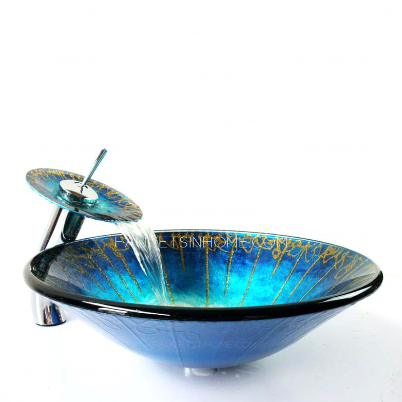Blue Round Bathroom Vessel Sinks Single Bowl Pattern With Faucet