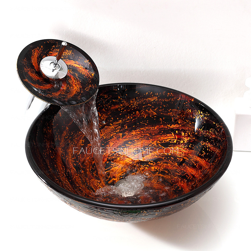 Orange Glass Bathroom Sinks Single Round Bowl With Faucet