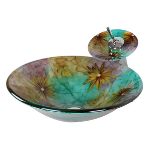 Green Round Glass Vessel Sink Single Bowl With Faucet