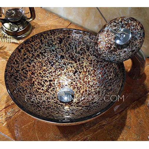Black Glass Round Sinks Artistic Pattern Single Bowl With Faucet