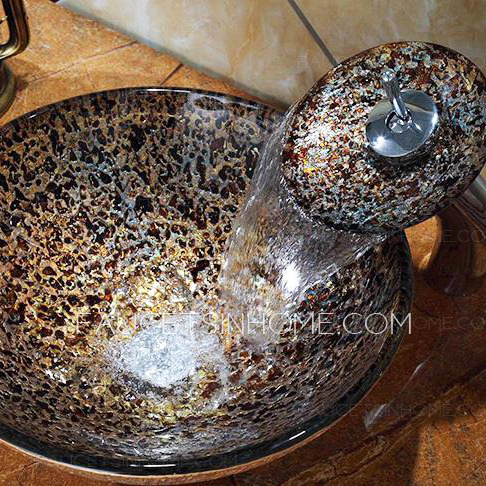 Black Glass Round Sinks Artistic Pattern Single Bowl With Faucet