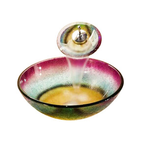 Artistic Glass Bath Sinks Colorful Single Round Bowl With Faucet