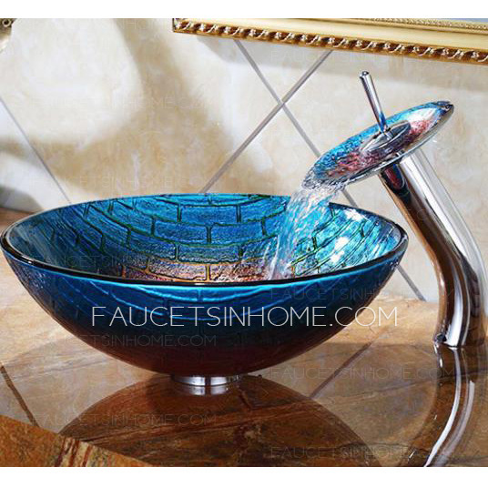Blue And Red Glass Vessel Sinks Plaid Single Round Bowl With Faucet