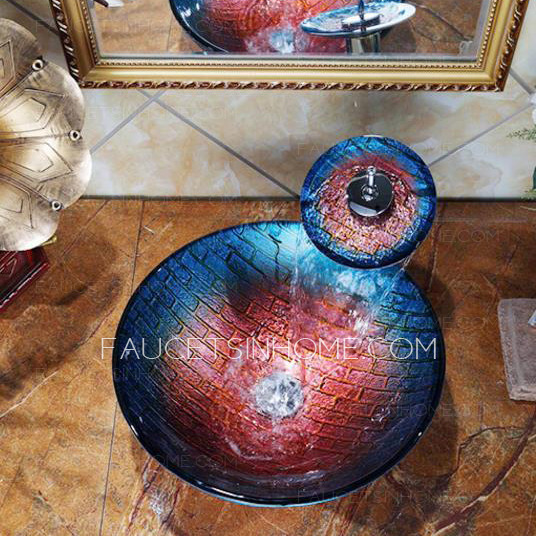 Blue And Red Glass Vessel Sinks Plaid Single Round Bowl With Faucet