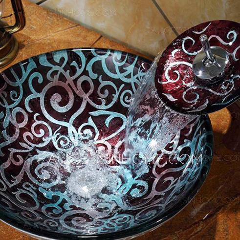 Artistic Glass Basin Sinks Floral Pattern Single Round Bowl With Faucet