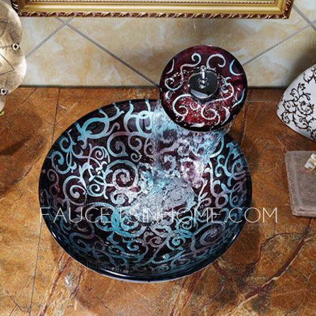 Artistic Glass Basin Sinks Floral Pattern Single Round Bowl With Faucet