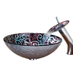 Artistic Glass Basin Sinks Floral Pattern Single Round Bowl With Faucet