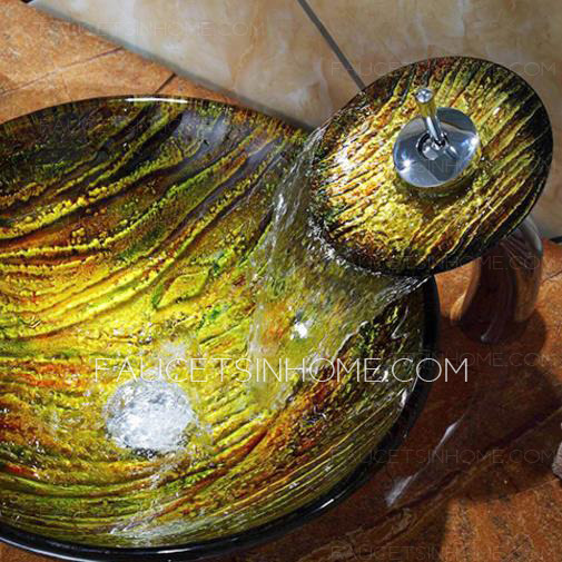 Yellow Round Glass Sinks Pattern Artistic Single Bowl With Faucet