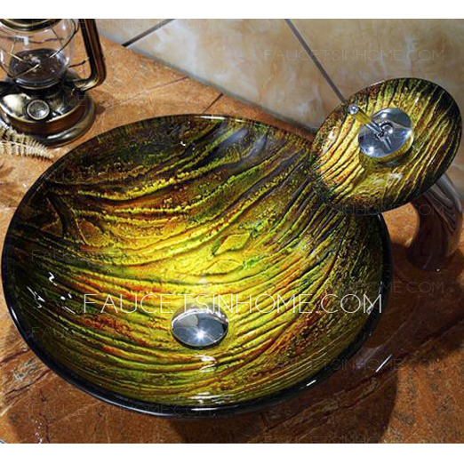 Yellow Round Glass Sinks Pattern Artistic Single Bowl With Faucet