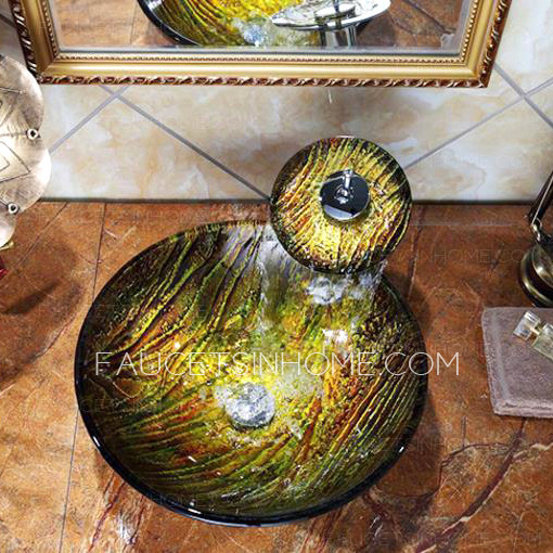 Yellow Round Glass Sinks Pattern Artistic Single Bowl With Faucet