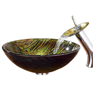 Yellow Round Glass Sinks Pattern Artistic Single Bowl With Faucet