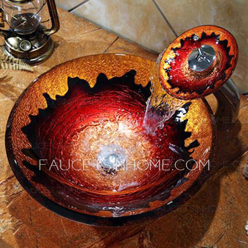 Artistic Gold And Red Round Glass Sinks Single Bowl With Faucet