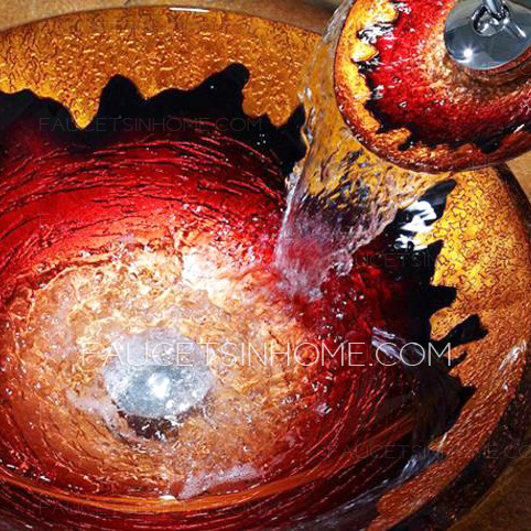 Artistic Gold And Red Round Glass Sinks Single Bowl With Faucet