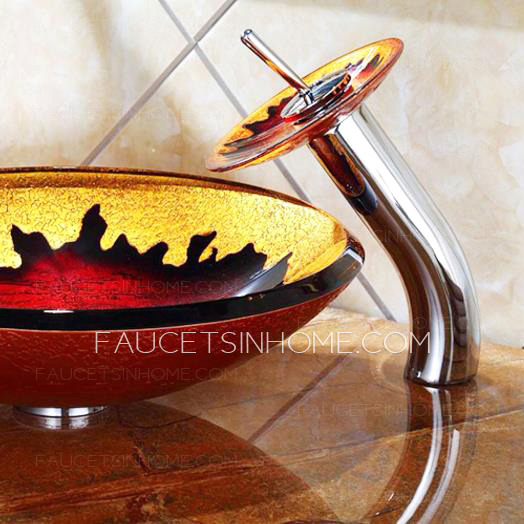 Artistic Gold And Red Round Glass Sinks Single Bowl With Faucet