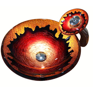 Artistic Gold And Red Round Glass Sinks Single Bowl With Faucet