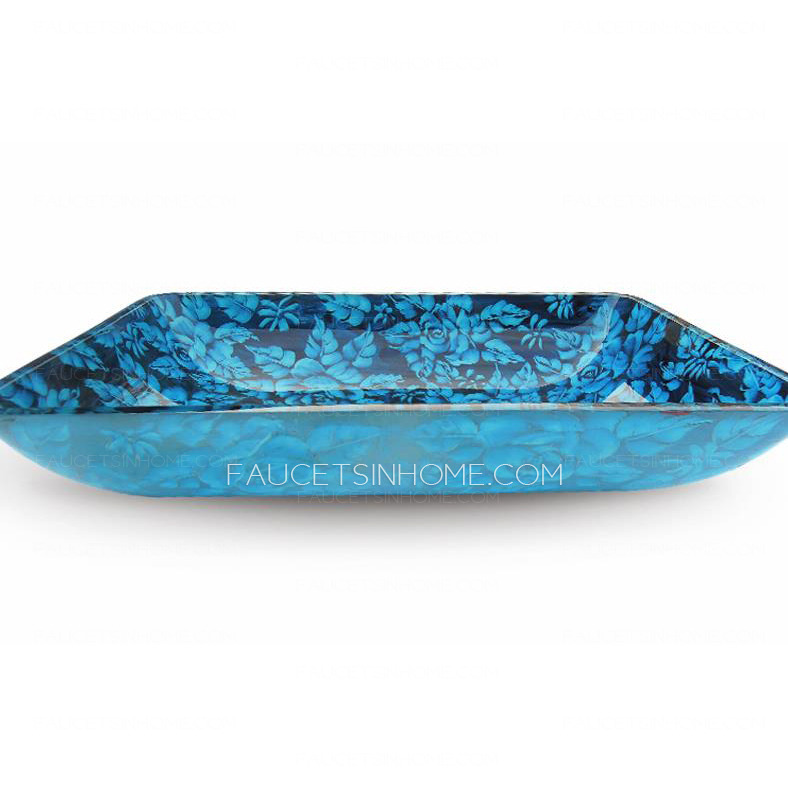 Blue Rectangle Basin Sinks Artistic Floral Single Bowl With Faucet