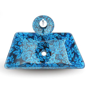 Blue Rectangle Basin Sinks Artistic Floral Single Bowl With Faucet