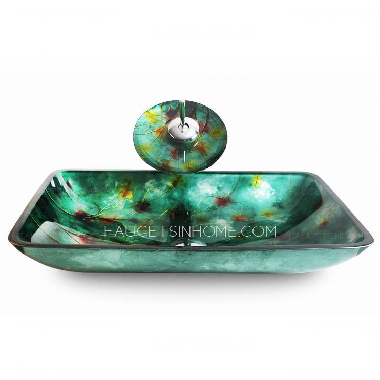 Dark Green Rectangle Glass Sinks Single Handle With Faucet